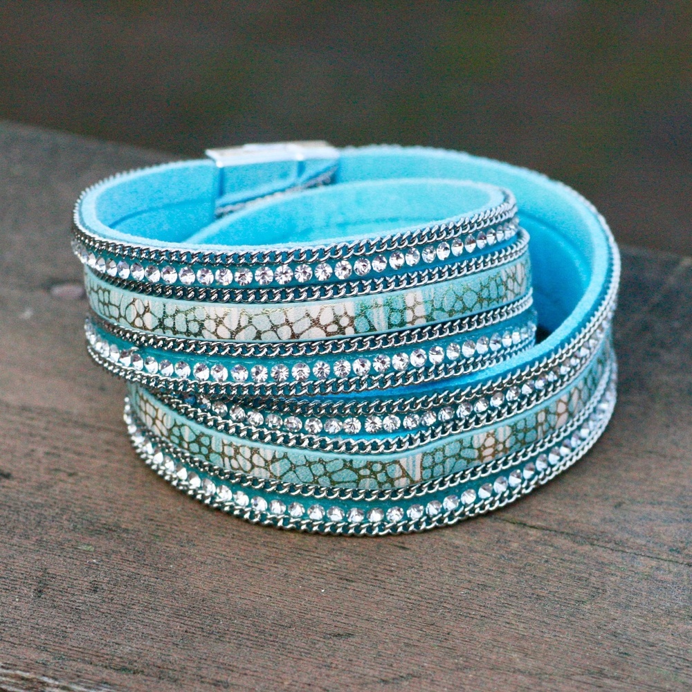 Light Blue Faux Leather Crystal Wrap Bracelet Magnetic Clasp , Cuff , Choker 15"